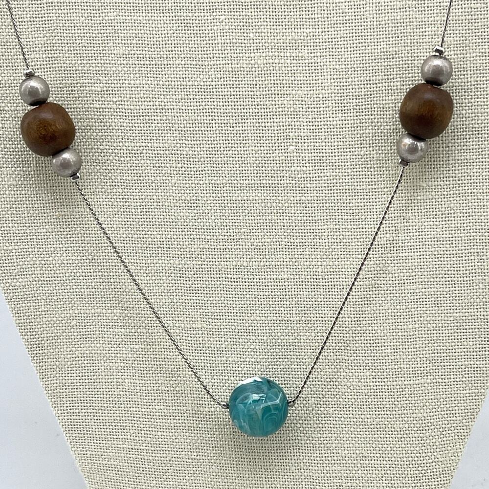 Long Silver Tone Bohemian Necklace w/ Multicolor Round Wooden & Glass Beads